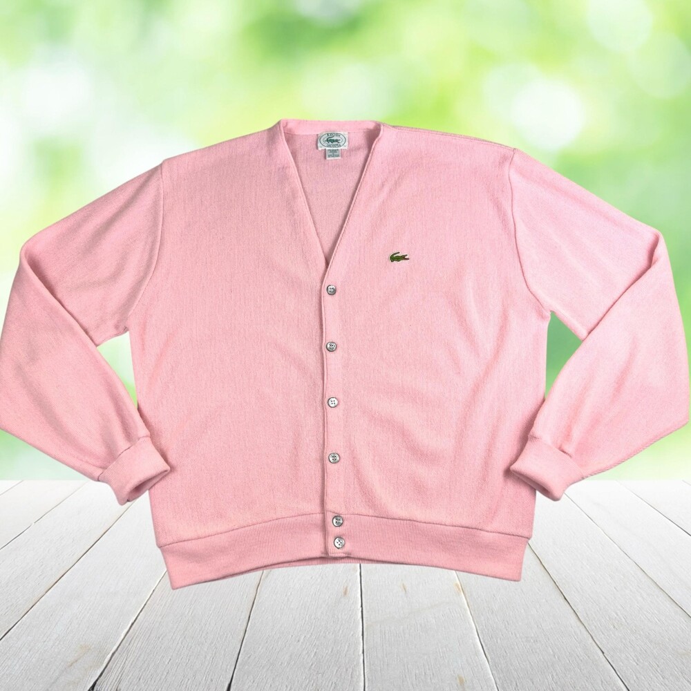 IZOD LACOSTE Cardigan Sweater Pink Alligator Logo V Neck Preppy Vtg USA Mens L
